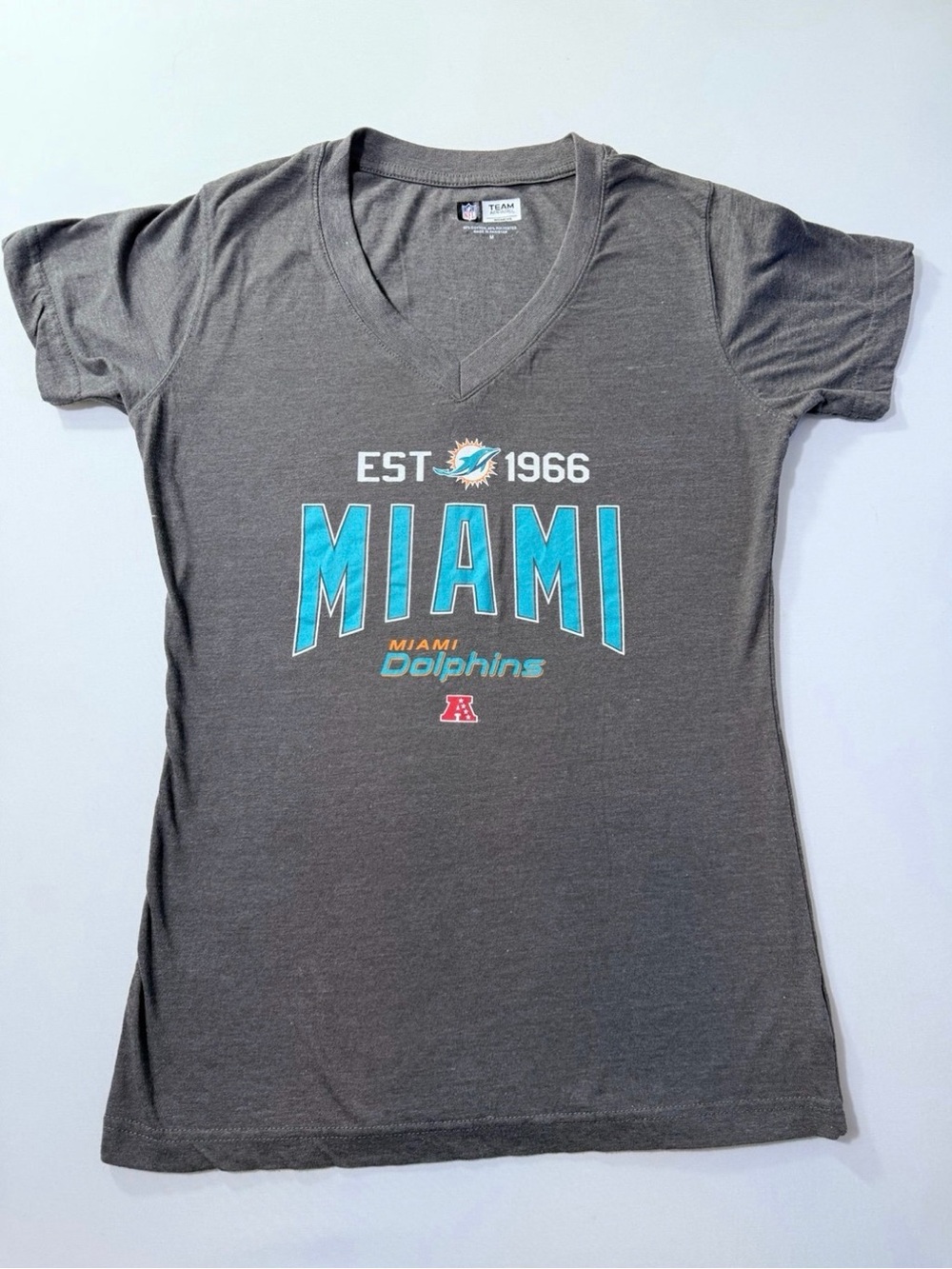 Miami Dolphins Gray V‑Neck Tee with Teal Logo Women’s Size Medium